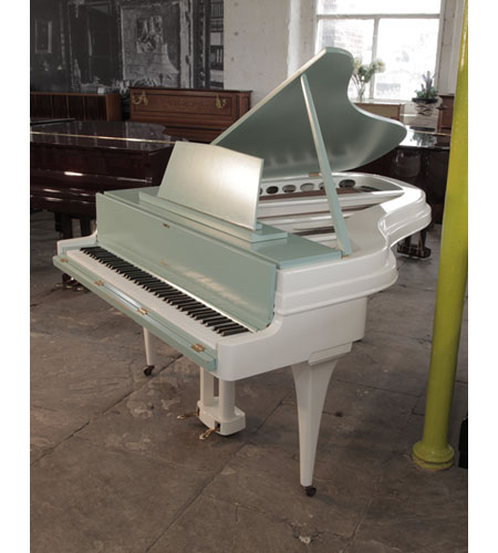 Reconditioned 1953, Rippen grand piano with a contrasting satin teal and white aluminium case. Piano has an eighty-eight note keyboard and a two-pedal lyre. 