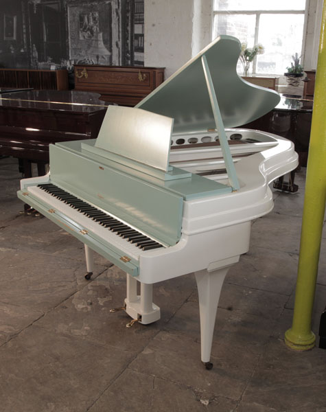 Reconditioned 1950s, Rippen grand piano with a contrasting satin teal and painted aluminium case