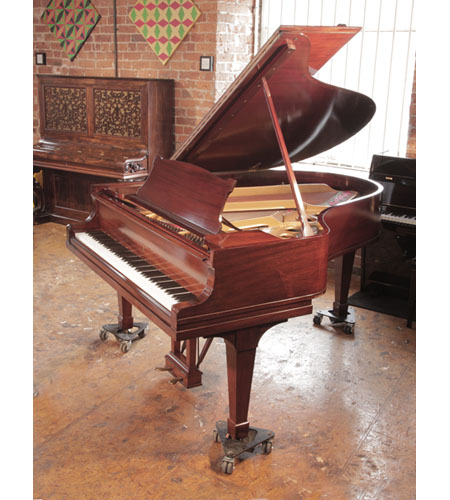 A 1926, Steinway Model O grand piano for sale with a polished, mahogany case spade legs. Piano has an eighty-eight note keyboard and a two-pedal lyre.  