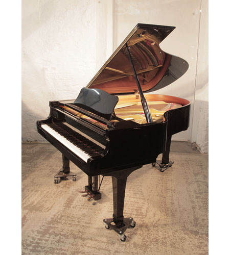 Reconditioned, 1988, Yamaha C3 conservatory grand piano for sale with a black gloss case and spade legs.  Piano has an eighty-eight note keyboard and a three-pedal lyre